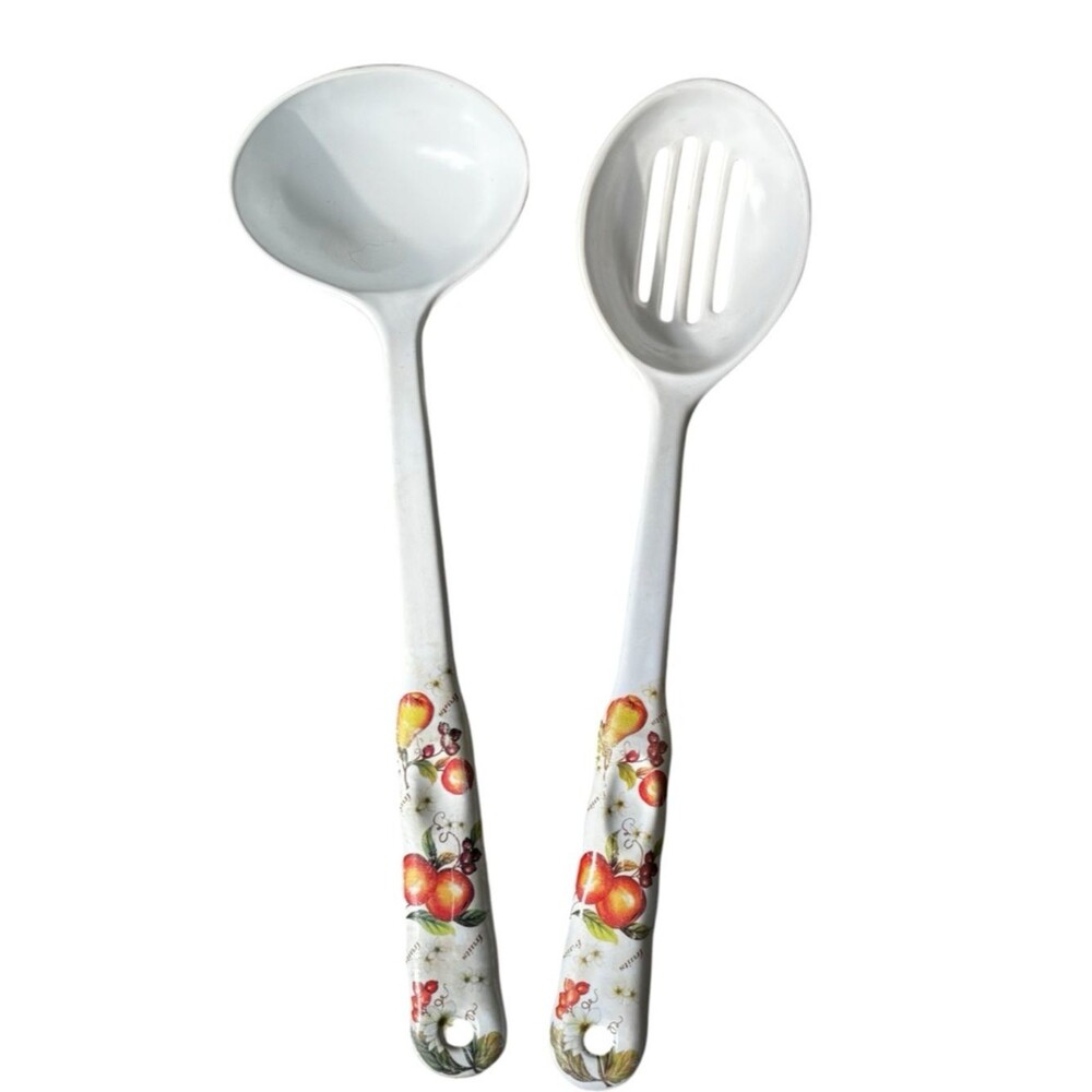 Set Of 2 Large Melamine Ware Kitchen Utensil Slotted/Serving Spoon Fruit Pattern